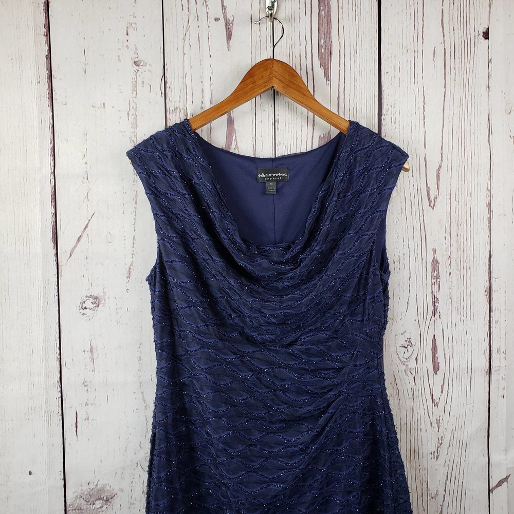 Connected Apparel Sequins Ruched Dress Womens Size 10 Sleeveless Stretch Blue